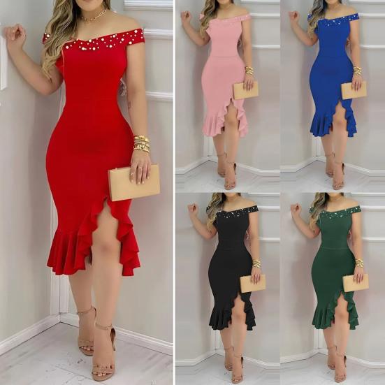 Вечернее платье с открытыми плечами, без рукавов, с неровным оборчатым подолом, облегающее, однотонное, с искусственным жемчугом, миди-платье для выпускного вечера, свадьбы