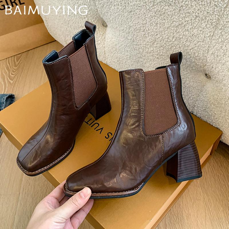 Square Toe Chunky Women Ankle Boots Leather High Heels Retro Elegant Shoes 2025 Trend Winter Designer Classic Pumps Botas Mujer