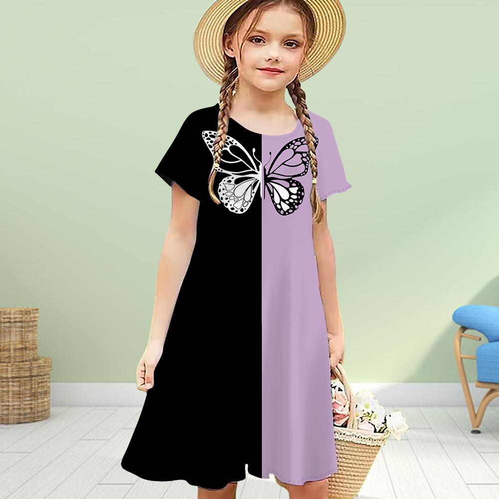 Girls 3D Print Two Colored Butterfly Dresses Kids Girl Party Short Sleeved Princess Dress 3D Print Dress