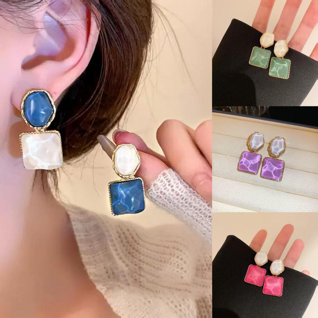 Асимметричные корейские серьги-гвоздики Colorblock - Геометрический дизайн с волнистым квадратом, Уникальный стиль Light Luxury Niche