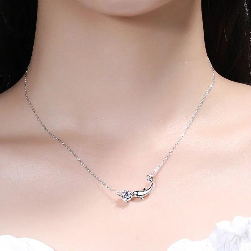 1 Carat Diamond Test Past D Color Moissanite Dolphin Pendant Necklace Silver 925 Original Gemstone Fish Necklace Chain for Girls