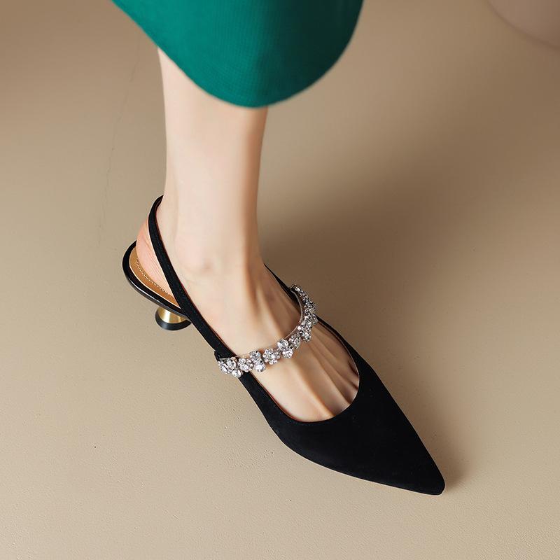 French Zircon Rhinestone Silver Pointed Head Back Hollow Small Leather Shoes Small Heel Baotou Sandals Female Summer Comfortable Elegant Women's Shoes