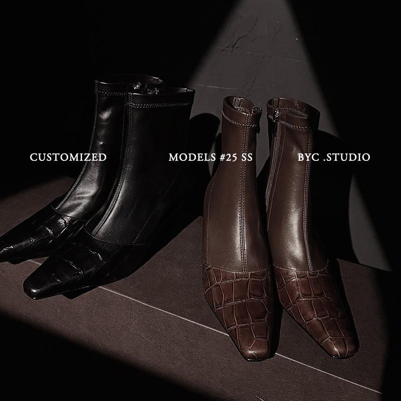 Embossed Cowhide Thin Boots Women's Elastic Boots Autumn and Winter New Leather Thick Heel Middle Heel Side Zipper Elastic Short Boots Women