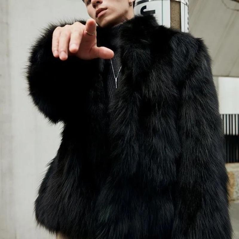 Мужская короткая черная куртка из искусственного меха лисы на молнии с воротником-стойкой, теплая зимняя куртка