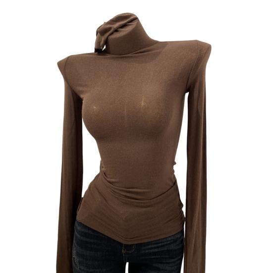 Женские топы с высоким воротником, длинными рукавами, облегающая базовая рубашка, однотонная эластичная рубашка, осенне-зимние базовые топы