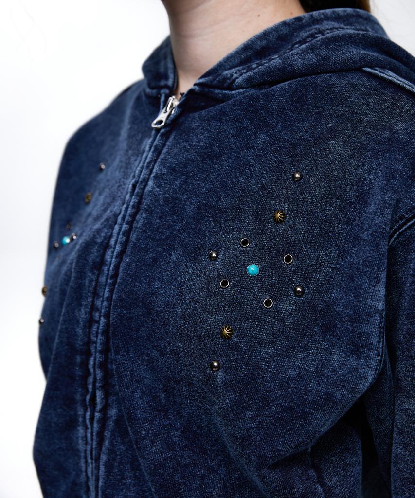 Rssc Rivet Washing Crop Hood Zipup - Denim