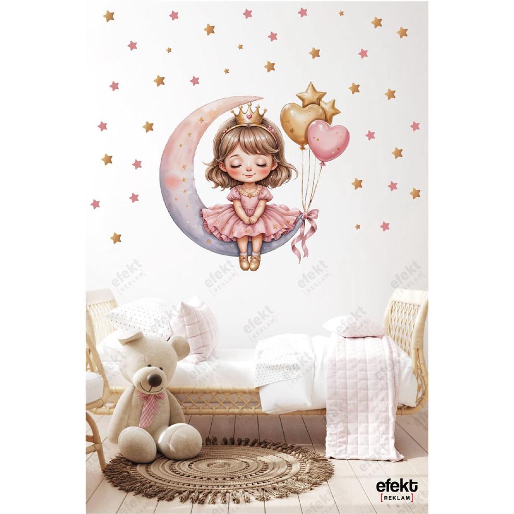 Cute Girl Sitting On The Moon Kids Room Door - Wall Adhesive Sticker Set