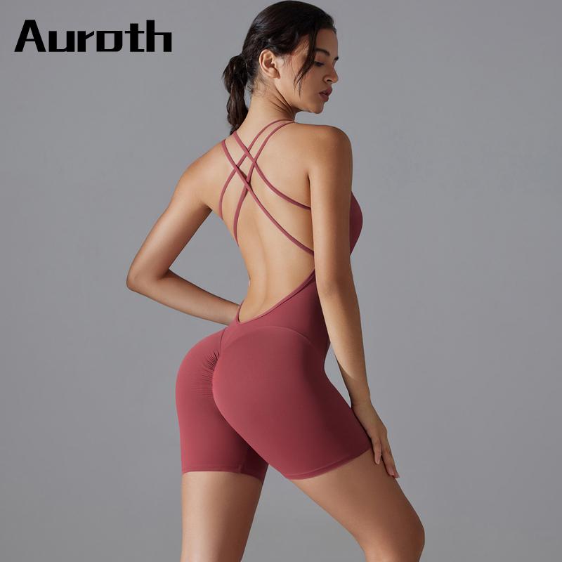 Auroth Back Cross Yoga Bodysuit Women Shorts One Piece Fitness Romper Outdoor Running Sports Jumpsuit