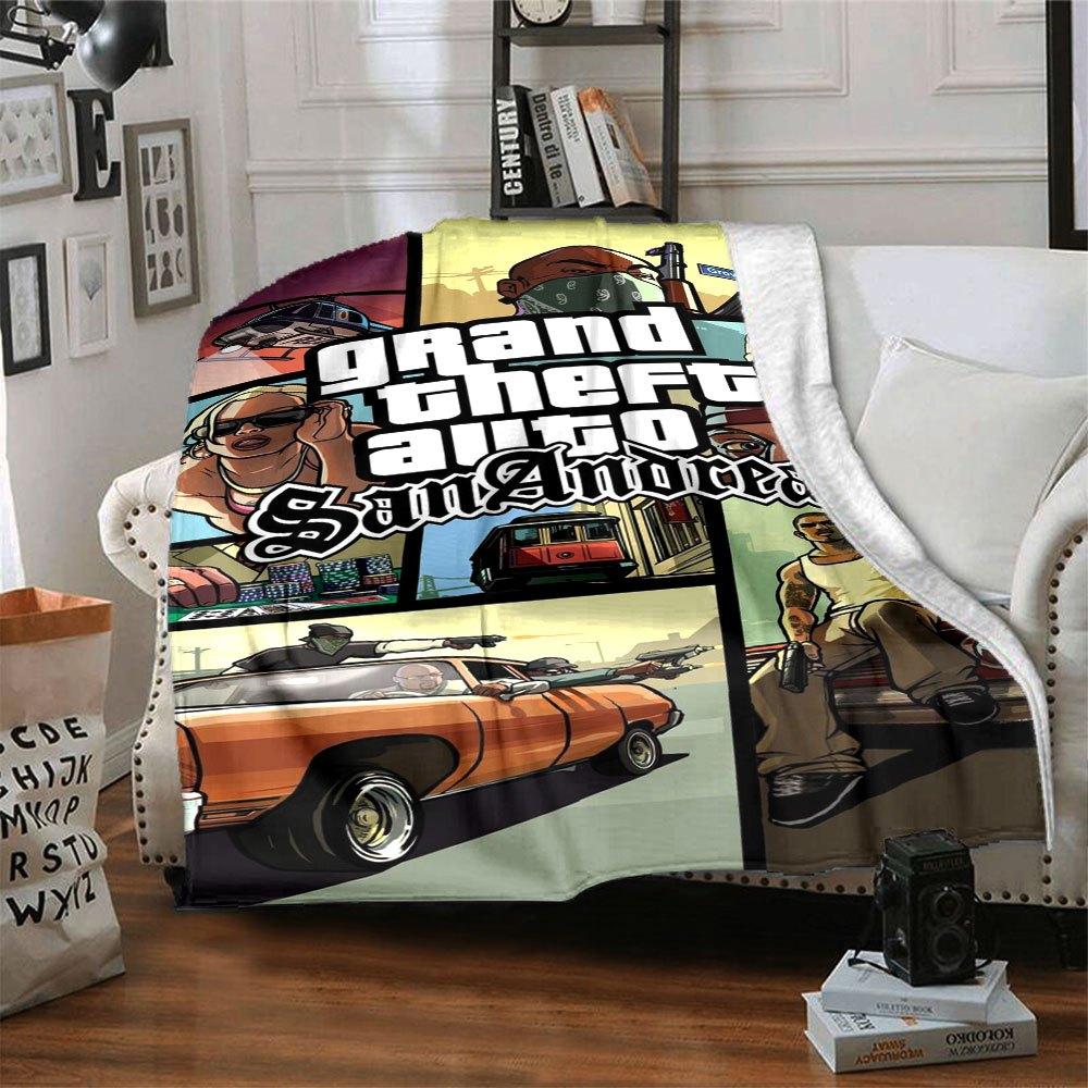 1 шт. Мягкое фланелевое одеяло Grand Theft Auto с дизайнерским принтом. Уютное одеяло для всех сезонов, идеально подходит для дивана, кровати, офиса