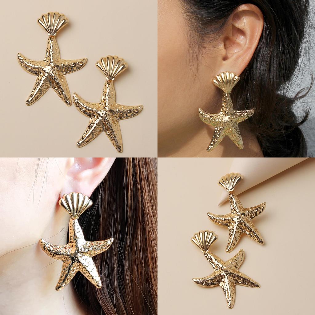 Gold Fashionable Shell Starfish Design Women Metal Earrings For Beach Summer