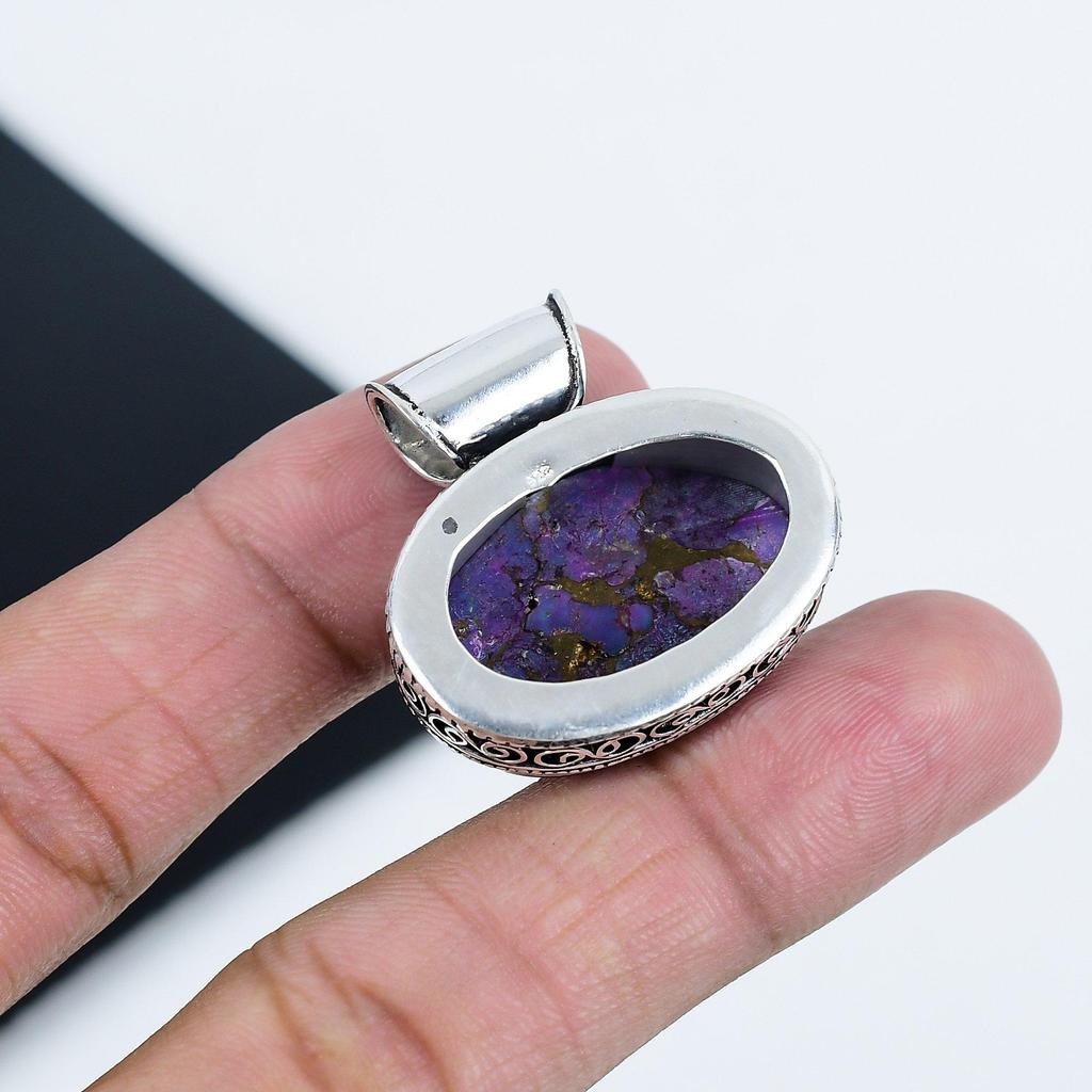 Серебряный кулон с фиолетовым медным бирюзовым камнем из стерлингового серебра 925 пробы — овальный дизайн ручной работы, повседневное ювелирное украшение в подарок жене