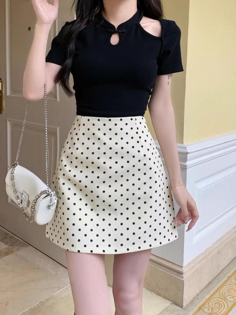 Женская юбка-трапеция большого размера в черный горошек, короткая - Универсальная, облегающая бедра, Подходит для миниатюрных, для весны/осени