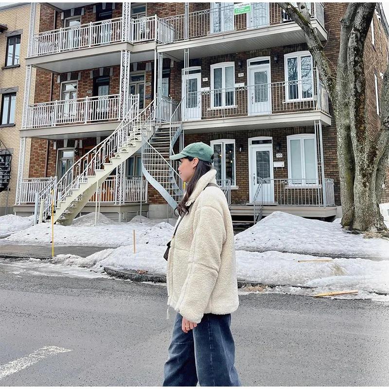 Зимняя женская шерстяная куртка с пушистыми лацканами, модная однотонная куртка с длинным рукавом и двойной молнией, женские осенние карманы, женские куртки