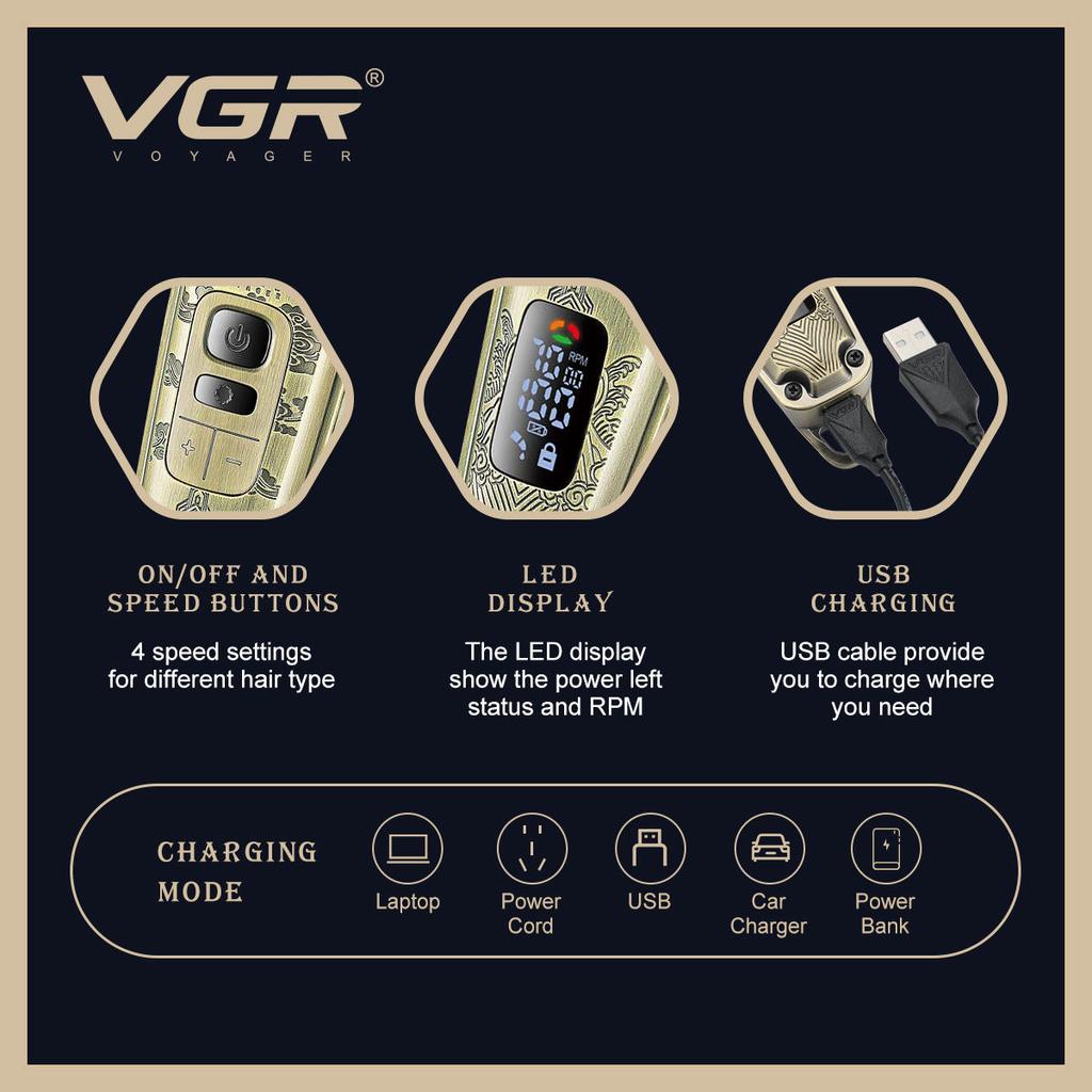 New VGR High-end Men's Hair Clipper with Retro Metal Body, Professional Hair Trimmer with LCD Digital Display and Push Shear Home Razor Shaver V-643