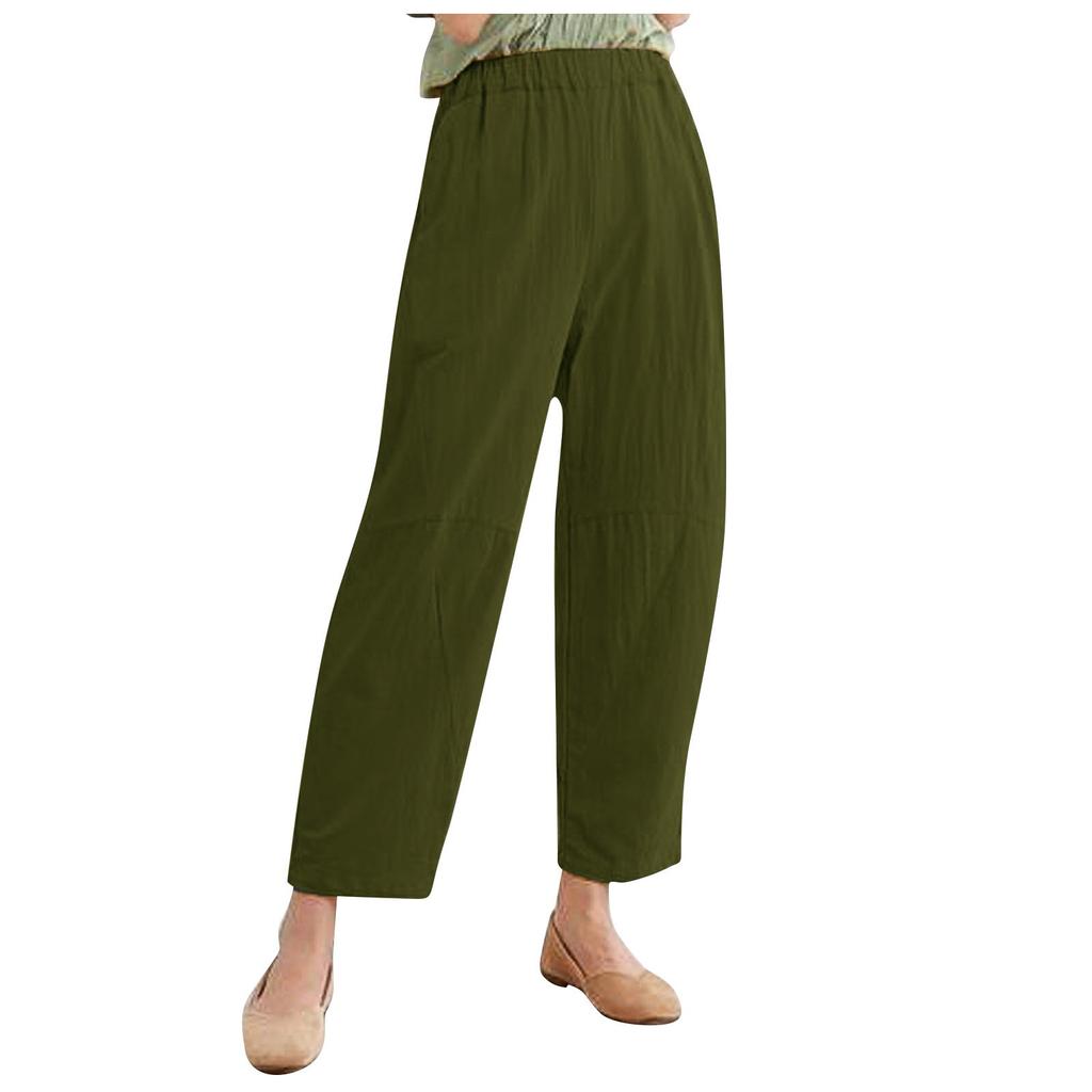 Women's Solid Color Large Size Loose Pocket Cotton Linen Casual Trousers