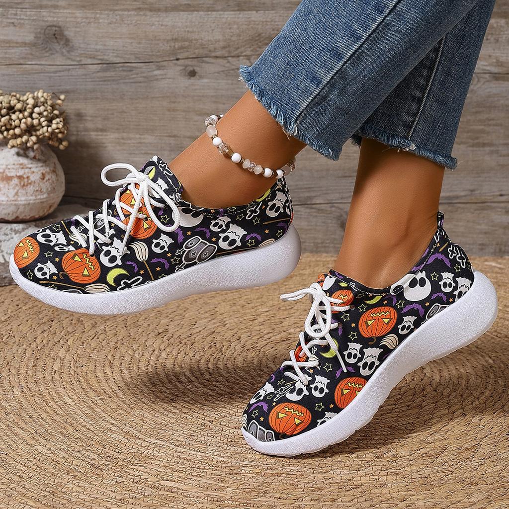 Fashion Women Sneakers 2024 New Popular Flat Bottom Round Head Lace Up Casual Shoes Halloween Pumpkin Pattern Low Top Women Sports Shoes