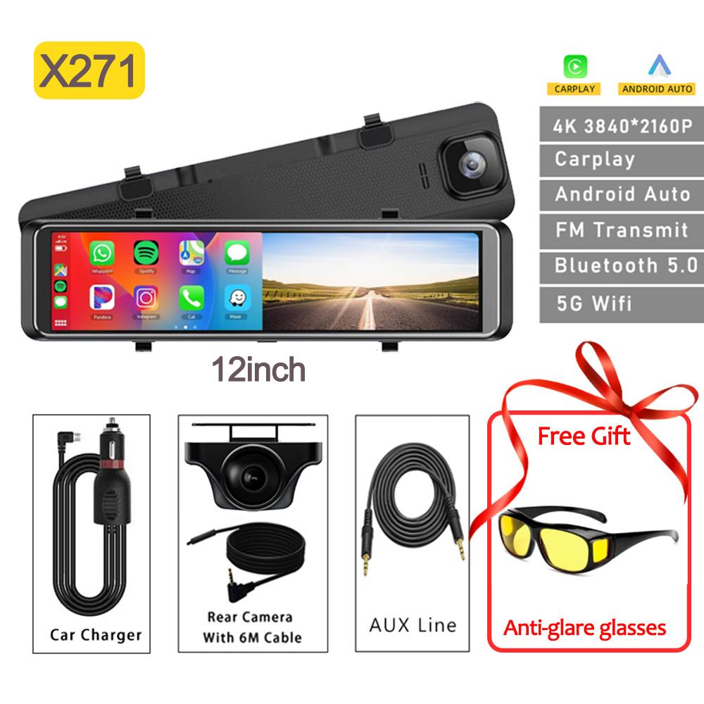 12inch Mirror Car DVR 4K Front and Rear Camera Wireless Carplay Android Auto Bluetooth FM Dash Cam for Car Camera for Vehicle