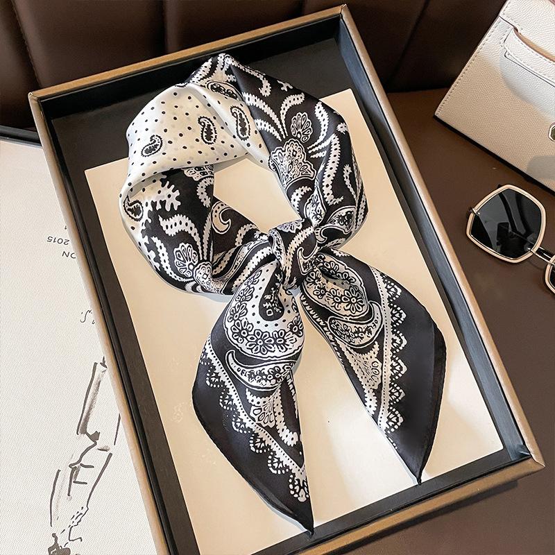Spring, Autumn and Winter with Shirt Black and White Small Square Scarf Silk Scarf Female Commuter Neck Thin Section Scarf 70 Simulation Silk