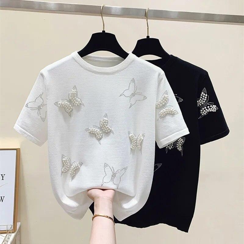 Summer O Neck Puff Short Sleeve Women T-Shirts Sweet Pearl Embroidery Female Knitted Tops Korean Chic Butterfly Beading Tees