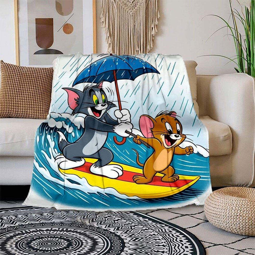 Tom Jerry Surfing in the Rain Poster PrintBlanket Flannel Throw Blanket for Sofa, Bed, Travel, Camping, Office