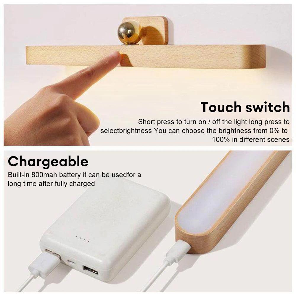 Деревянный беспроводной светодиодный ночник USB перезаряжаемый магнитный зеркальный заполняющий свет сенсорный настенный светильник кухонный шкафчик ночники