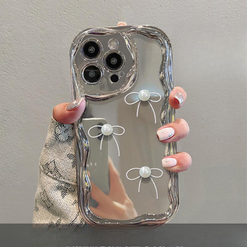 Подходит для чехла для мобильного телефона Apple 15 Iphone14pm Жемчужный бант-подставка 13/12 Гальванизированное серебро 11 Трехмерный 7/8