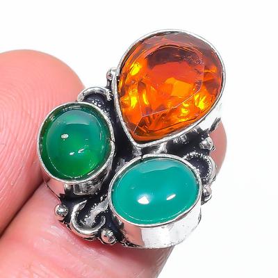 Кольцо из серебра 925 пробы с натуральным зеленым ониксом и цитрином, размер 6 b9R61