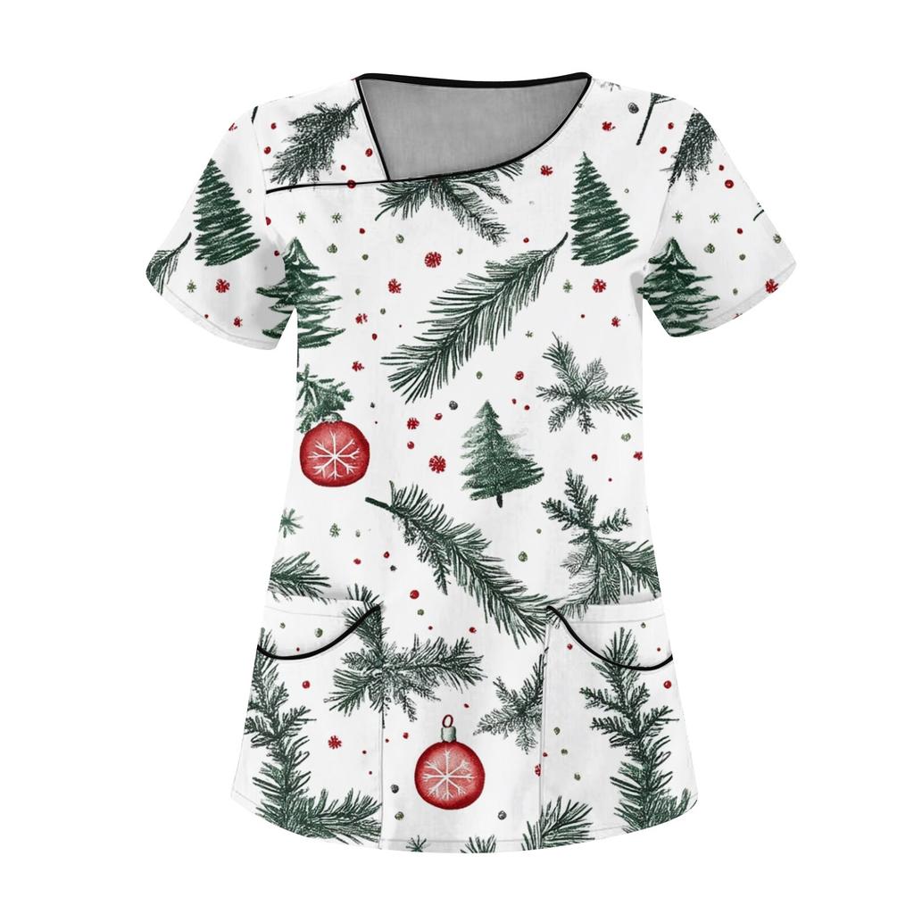 Женская рабочая одежда с рождественским принтом, покатый воротник и двухслойные карманы, базовый пуловер сверху