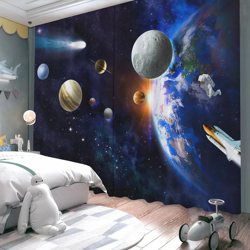 Новые затемняющие шторы с рисунком из мультфильма «Земля, планета, космос, астронавт, ракета», шторы с высокой степенью затемнения для детской комнаты, шторы для гостиной