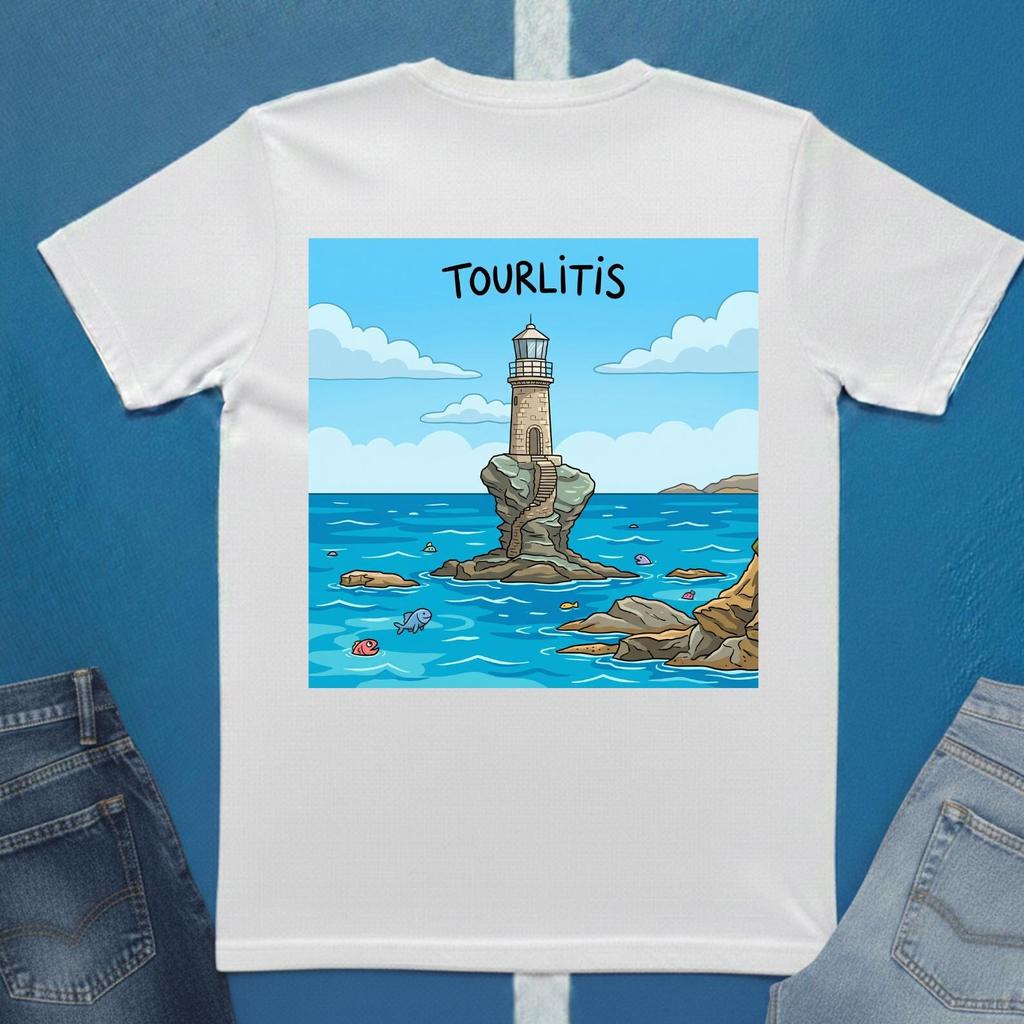 Tourlitis Lighthouse Tee | Greek Island Sea Scene T-Shirt