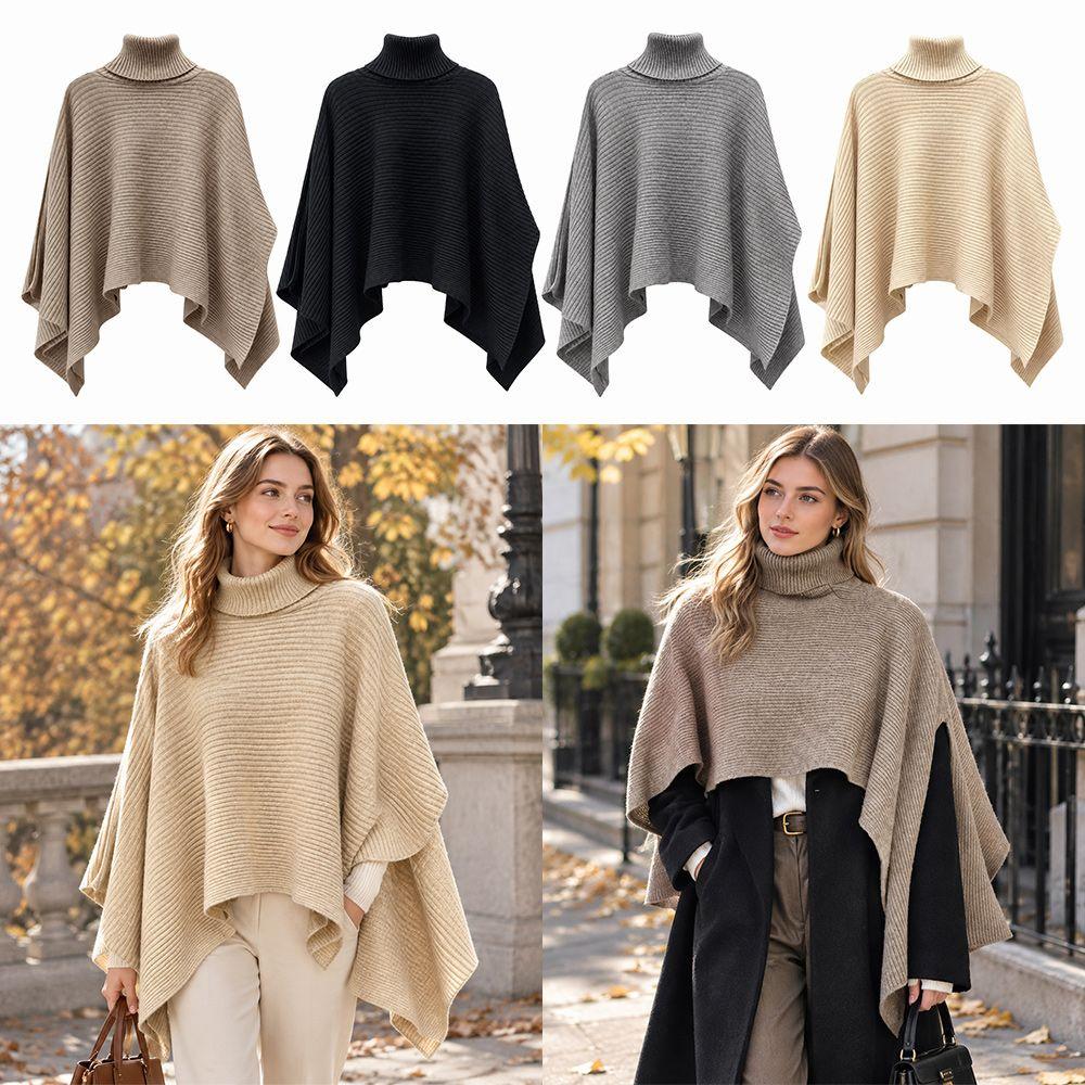 Pure Color Knitted Scarf Warm Overcoat Style Scarf Fashion Turtleneck Poncho Women