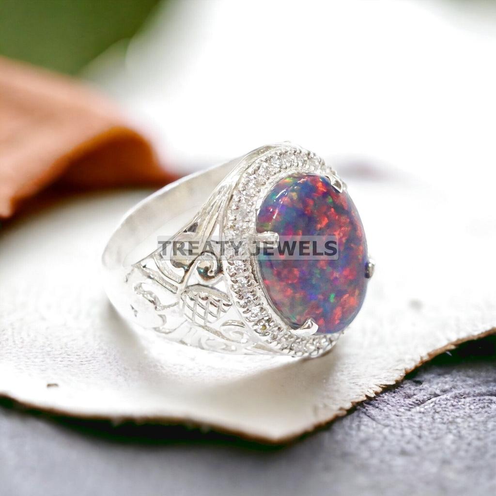 Black Opal Oval Cut Gemstone With 925 Sterling Silver Ring For Men's #272 JL375577072870