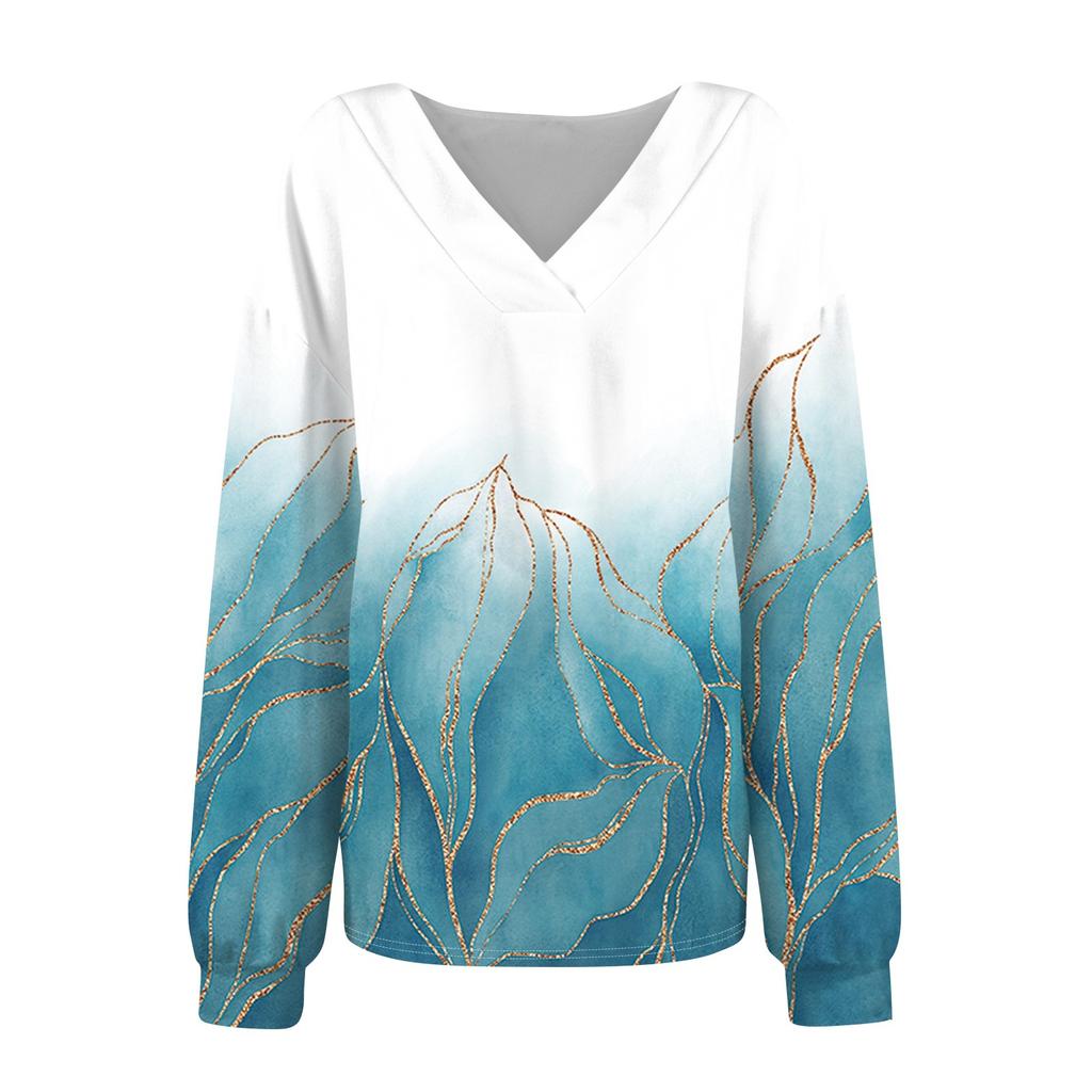 Женская мода V-образный вырез длинный рукав принтованный свободный пуловер свитшот топ