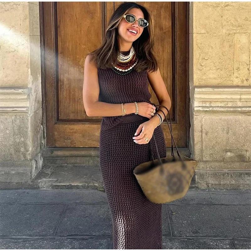 Knit Hollow Out Vest Skirts Set Women Sleeveless O-neck Blouses High Waist Slim Skirt Suits Female Fashion Lady Suit