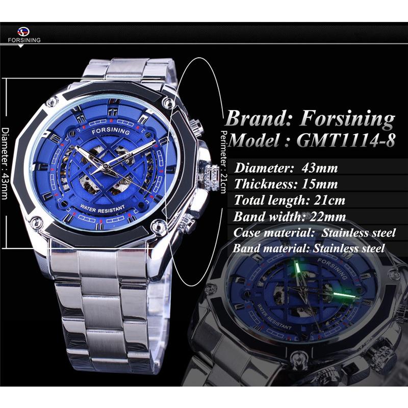Forsining Men's Fashion Casual Blue Openwork Waterproof Mechanical Watch