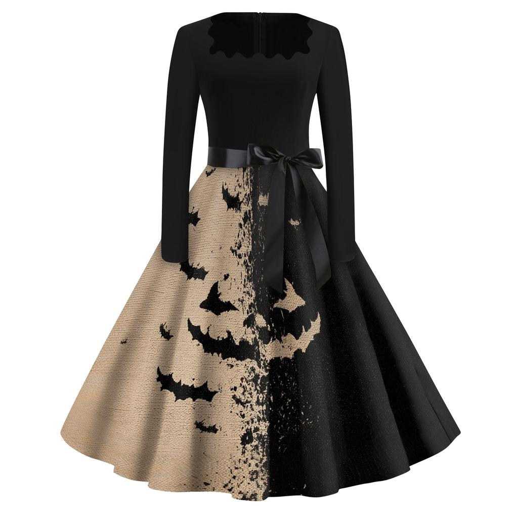 Women's Casual Vintage Halloween Dress Long Sleeve Square Neck Fit and Flare Midi Dress with Printed Skirt and Waist Tie