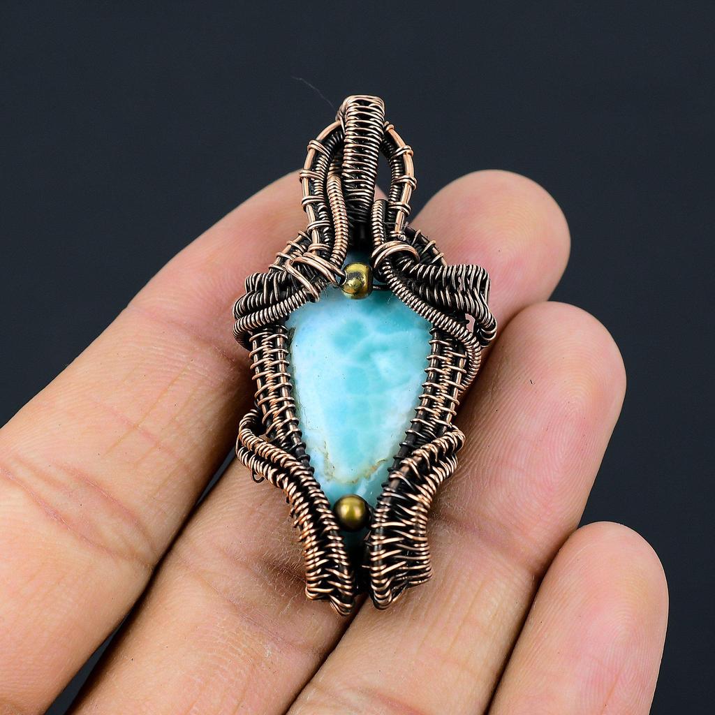 Красивый ларимар драгоценный камень медная проволока обертывание ручной работы кулон ювелирный подарок для любви