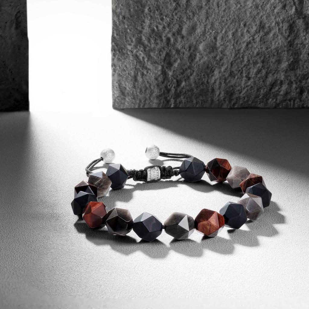 Плетеный браслет из бусин с натуральным серебристо-черным и красным тигровым глазом [AWNL] Обсидиан, Оникс, Камни, Мужской подарок, 15,5 см-17 см