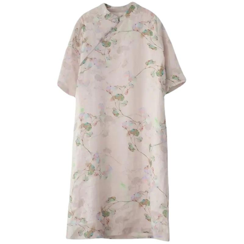 High-end Printed Cotton and Linen Improved Cotton Cheongsam Dress Women's Summer Loose Version Fat Mm Thin Medium and Long Foreign Style Skirt