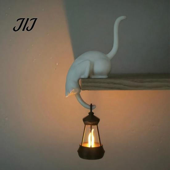 Cute Home Organization Cat Hook with Lantern, 3D Printed LED Light Decorative Handmade Wall Hanger Hook, Creative Shelf for Bookshelf Desk And