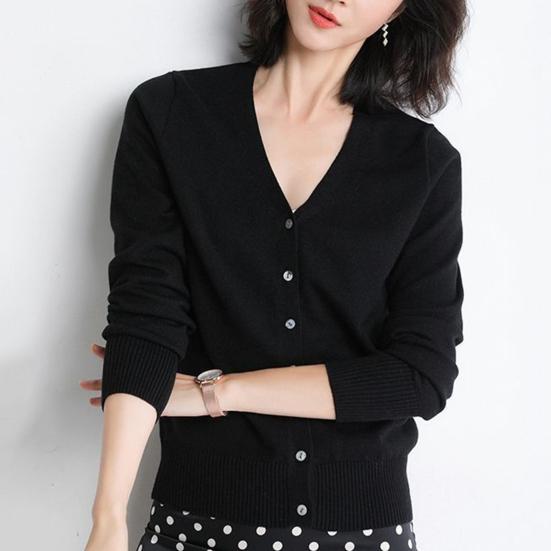 Women Sweater Coat V-neck Long Sleeve Single Breasted Knitting Sweater Solid Color Ribbed Trim Warm Knitted Cardigan