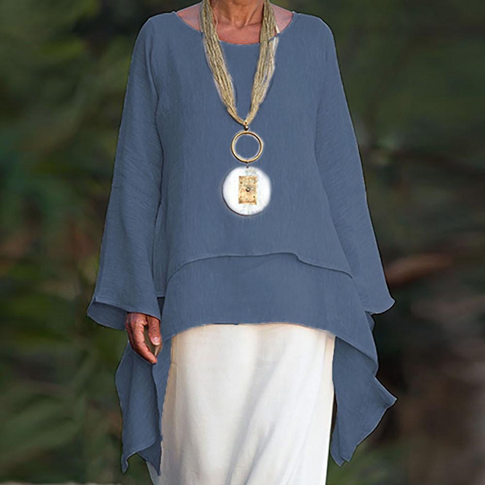 Women Fashion Plus Size Irregular Casual Linen Long Sleeve Neck Blouse