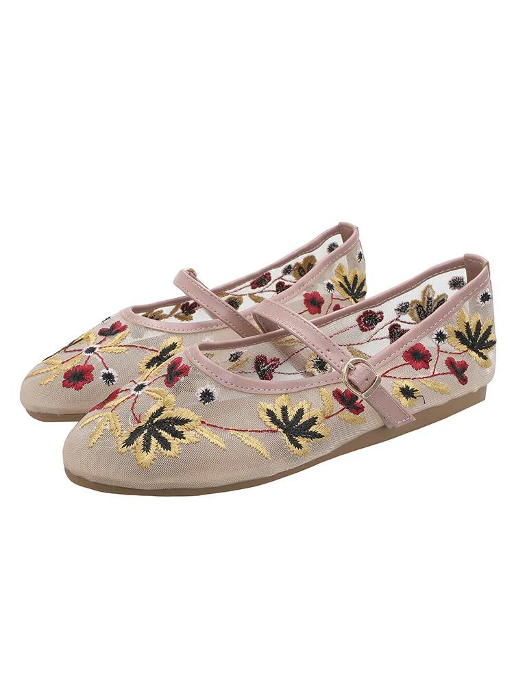 Fashion Women's Floral Embroidered Mesh Mary Jane Shoes, Elegant Ladies Transparent Flats, Summer Casual Breathable Loafers