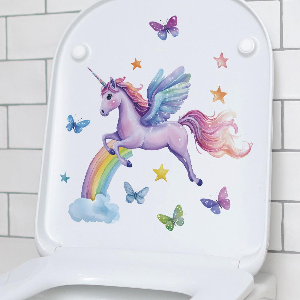 Playful Unicorn and Butterflies Hand Painted Toilet Sticker Waterproof Self-Adhesive Removable Decal for Bathroom WC Home Decor