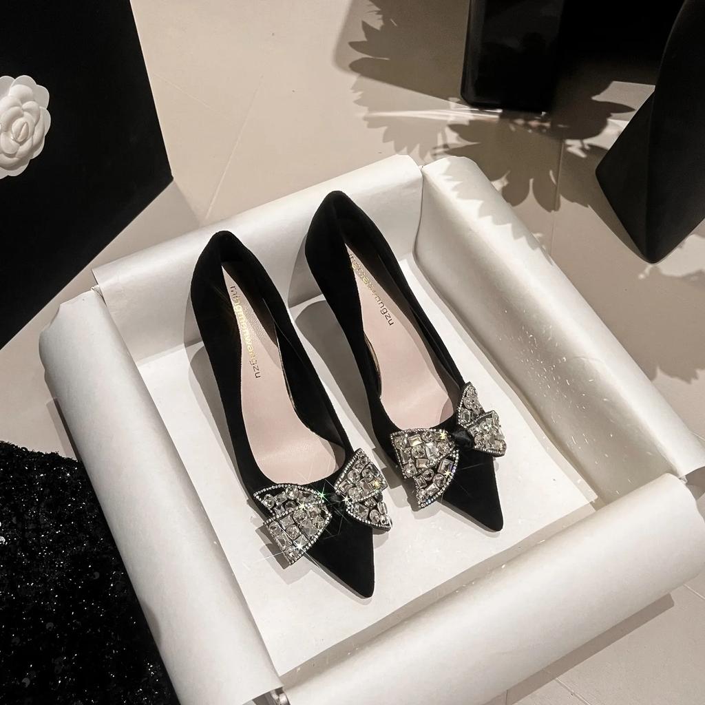 New Black Rhinestone Bow Women Pumps Luxury Banquet Shoes Sexy High Heels Shoes Women Stilettos Party Shoes Plus Size 43