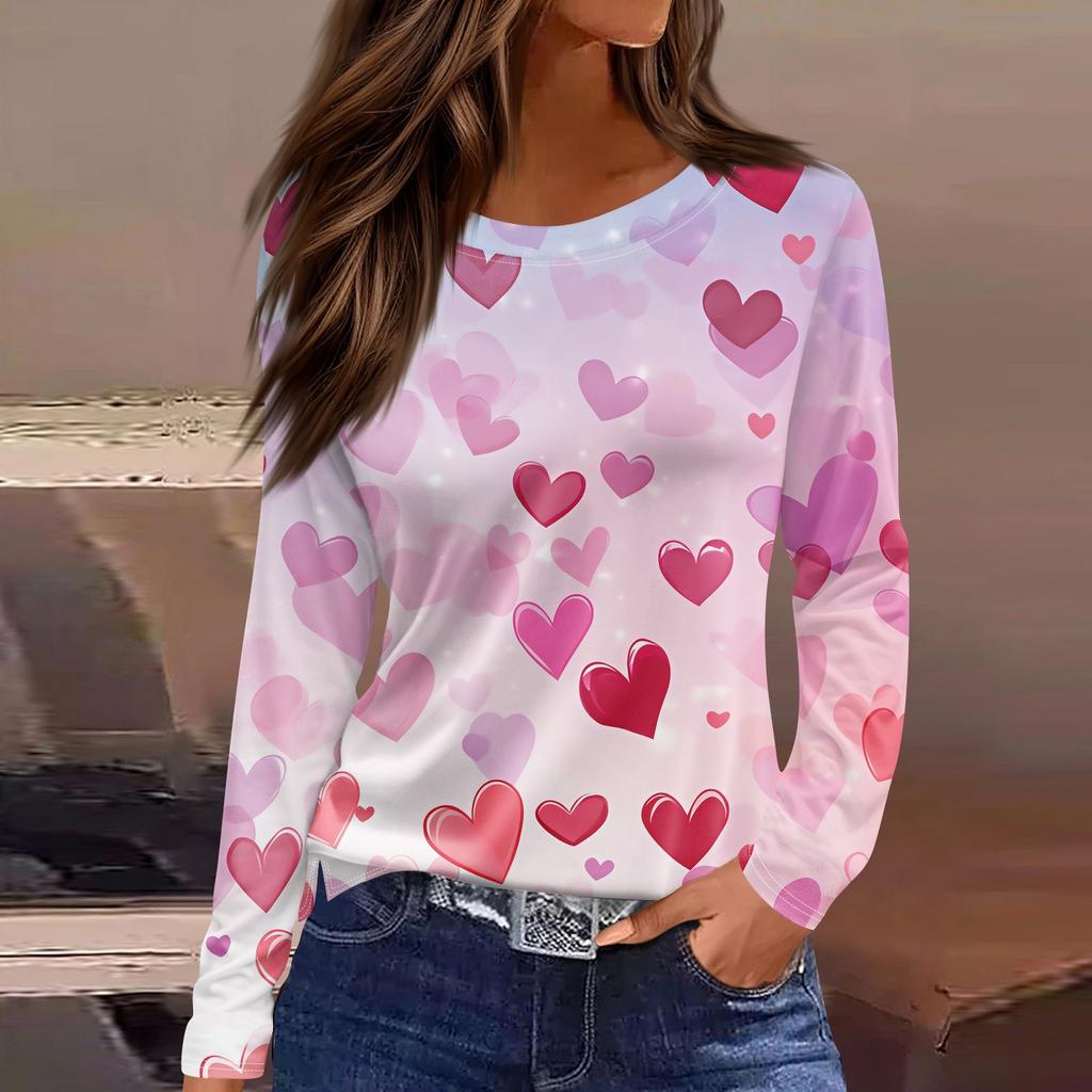 Женская модная повседневная футболка с разрезом и круглым вырезом, длинным рукавом, с принтом ко Дню святого Валентина, женская футболка