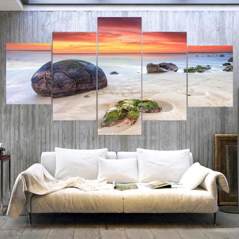 5 панелей Морской пейзаж Морской большой круглый камень Красочное небо Холст Картина Плакаты и принты Настенная картина Домашний декор без рамки