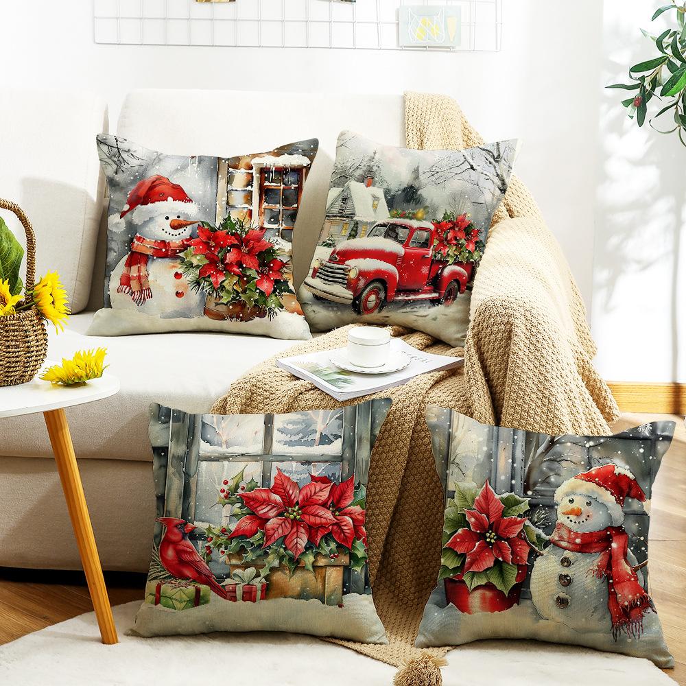 Santa Claus Red Truck Little Snowman Elements Atmosphere Christmas Pillow Cover Home Decoration Sofa Cushion
