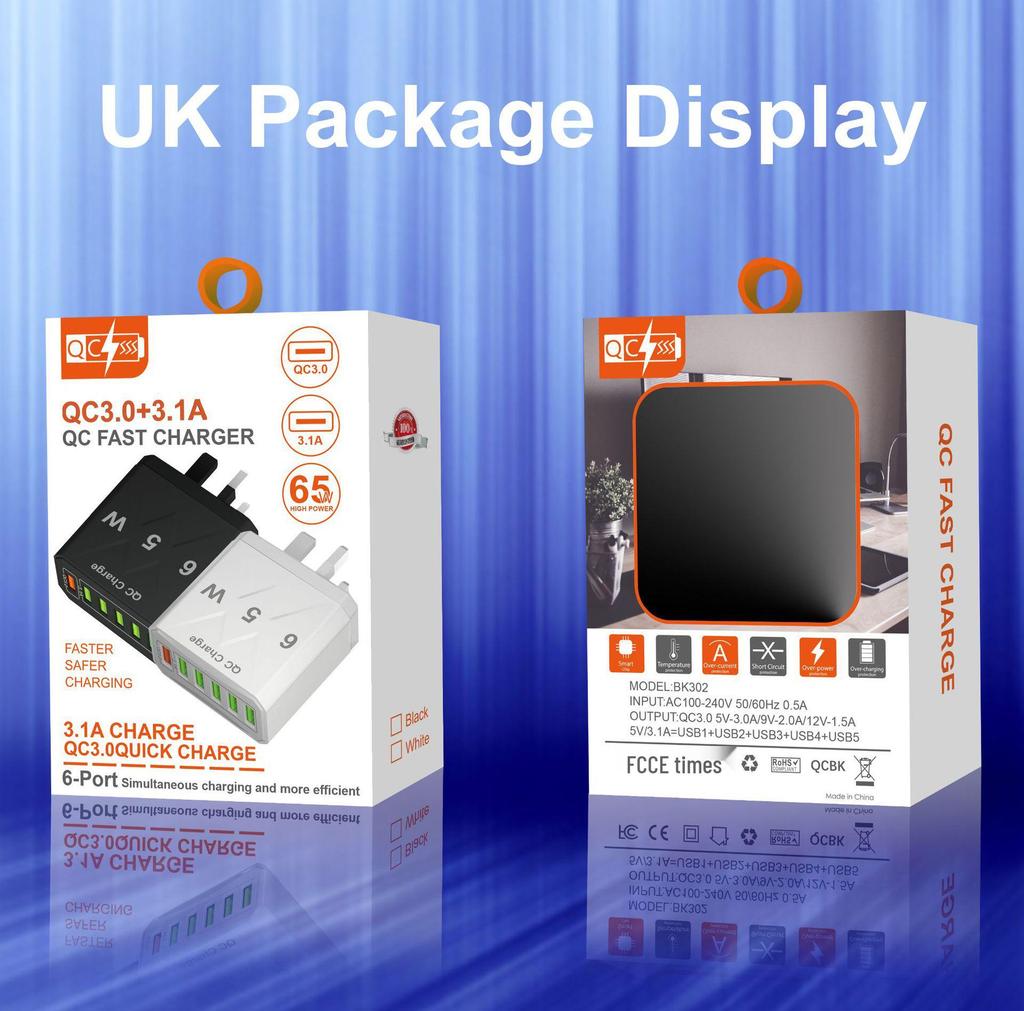 65W QC3.0 6-портовое USB-зарядное устройство для мобильных телефонов - Стандарт США/ЕС/Великобритании