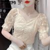 Women's Summer Short-sleeved Lace Shirt French Square Collar Bubble Sleeve Collar Short Chiffon Top Slim and Thin V-neck T-shirts